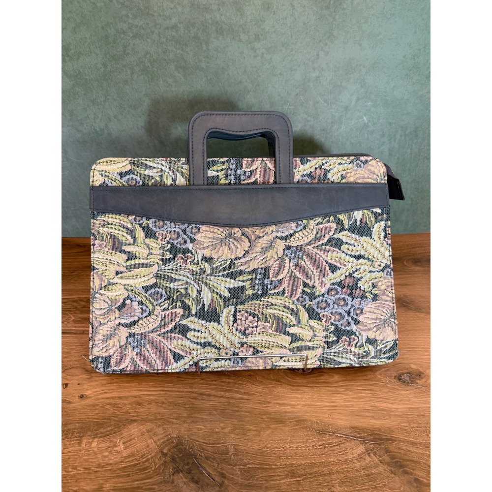 Vintage Floral Tapestry Portfolio Bag Grandmacore Document Case Grey Trim